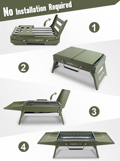 Charmline 14x9inch Small Desktop Charcoal Grill, Liftable Grilling Net, Saving Space Grill for Indoor and Outdoor, BBQ Grill for Camping, Gardens, Picnics, Beach Parties, Green