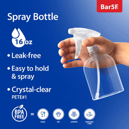 Bar5F Plastic Spray Bottle, 16 oz | Leak Proof, Empty, Clear, Trigger Handle, Adjustable Fine to Stream Output, Refillable, Heavy Duty Sprayer for Hair Salons & Spas, Household Cleaners, Cooking
