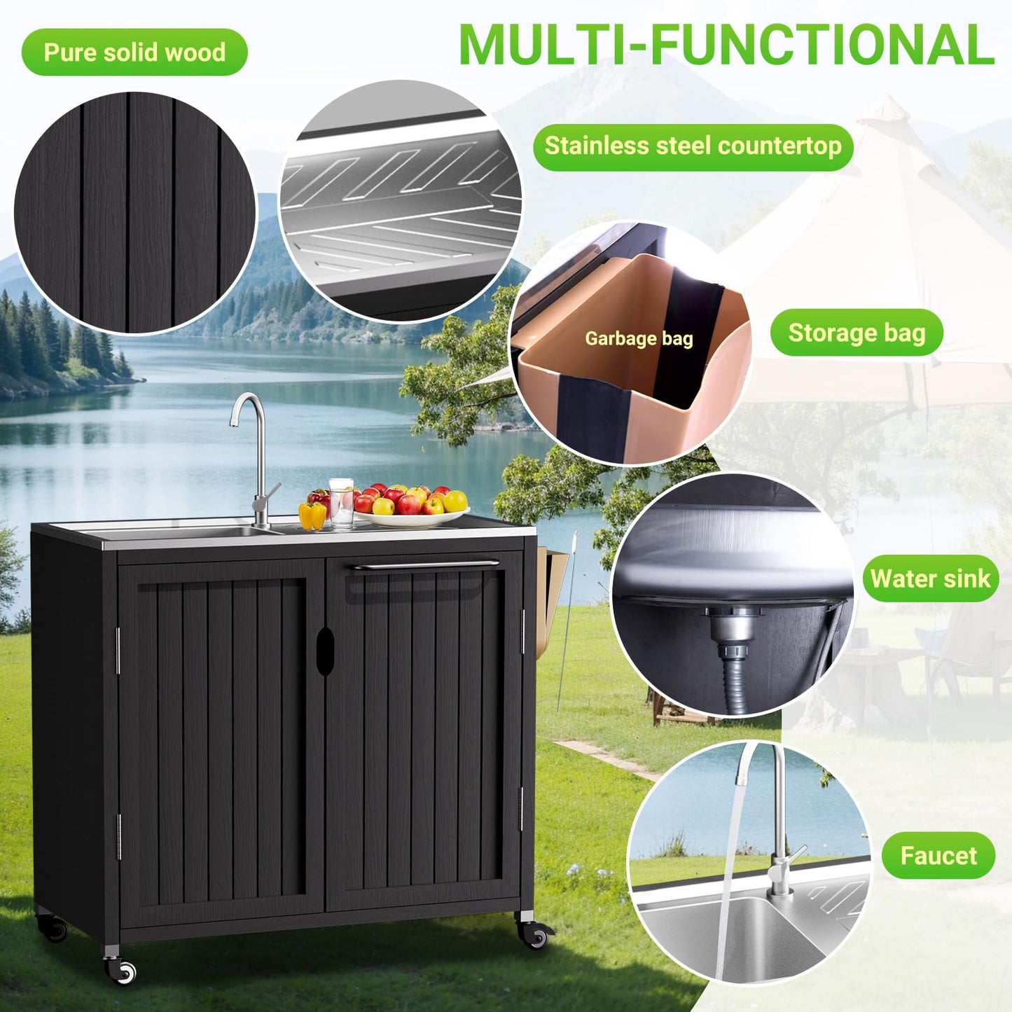 Outdoor Grill Table Kitchen Island with 304 Stainless Steel Top | Rolling Cart with Bar Sink, Faucet & Storage Cabinets | Solid Wood Mobile Prep Station for Pizza Oven & BBQ Accessories (L32.6“xW39”)
