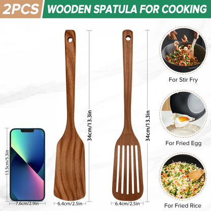 Wooden Spatula for Cooking,2 Pcs Teak Acacia Wooden Kitchen Utensils Set,Natural Wood Spatulas for Non-Stick Frying Pan,Slotted Solid Wood Flippers Turner,Kitchen Essentials,13.3”