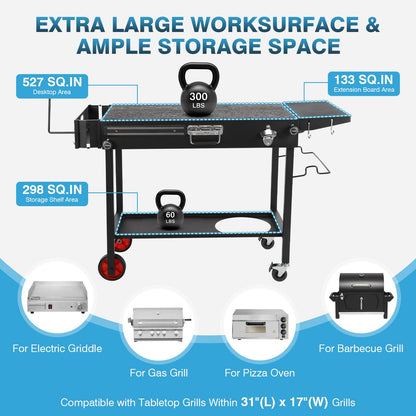 IRONWALLS Outdoor Grill Table Cart, 31"L x 17" W Folding Grilling Cart with Wheels, Portable Griddle Stand Pizza Oven Table, Food Prep Table, Wood-fire Grill Stand for Barbecue, Camping