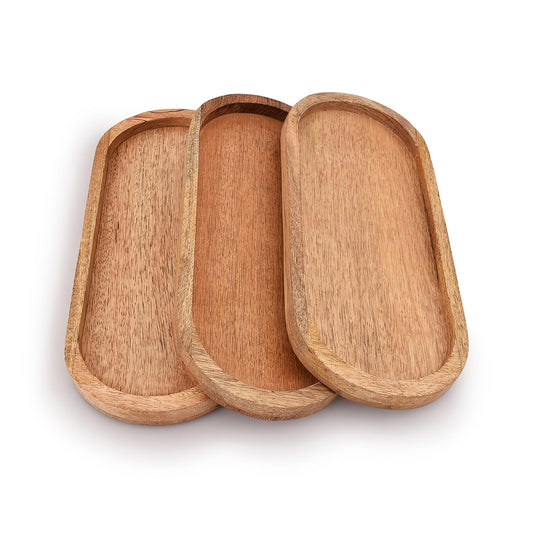 Samhita Mango Oval Wood Tray Set of 3 Perfect for Food Holder/BBQ, Serve Cheese, Sushi, Holiday Snacks, and More. (12" x 5" x 0.75")