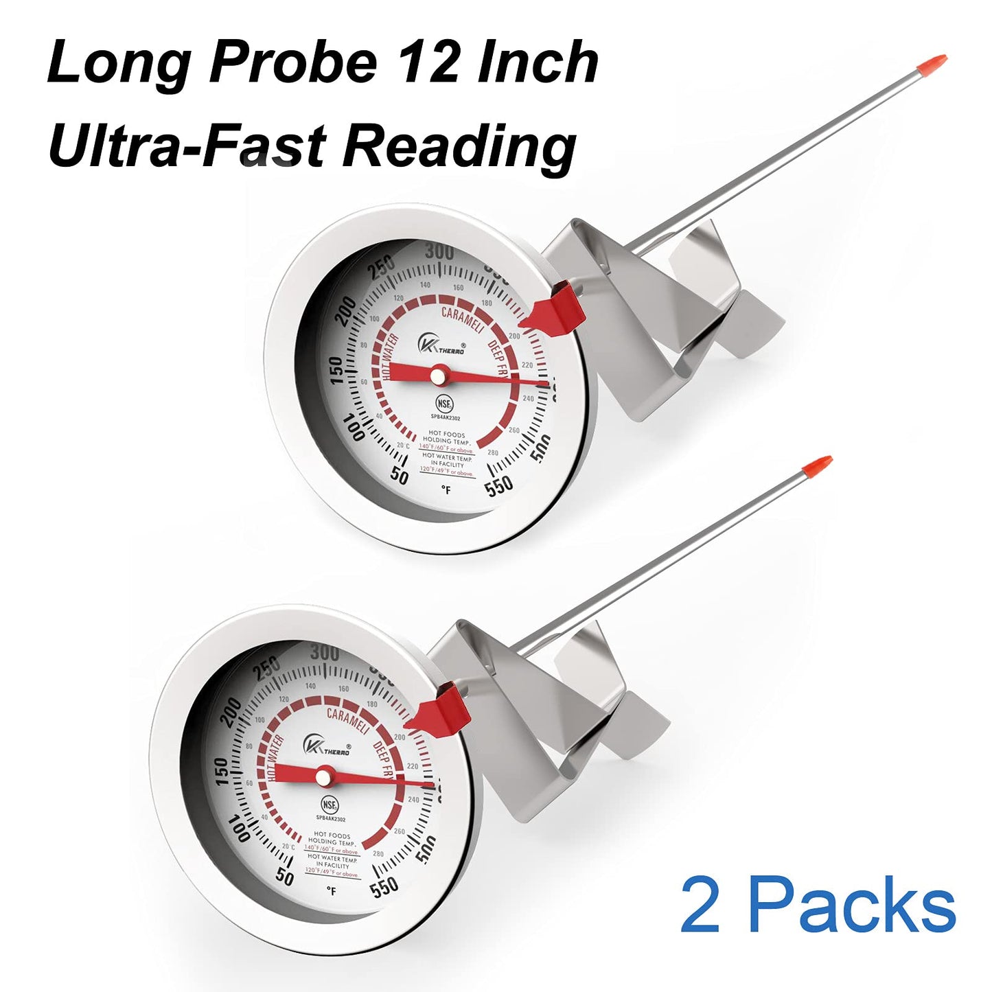 KT THERMO Candy/Deep Fry Thermometer with 12'' Stainless Steel Food Grade Probe and Clip, Fast Instant Read Large 2" Dial,Temperature Range 50 to 550 ºF / 20 to 280°C