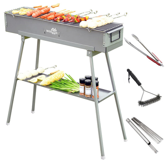 WILLBBQ Charcoal Grills Commercial Quality Portable Multiple Size Hibachi BBQ Lamb Skewer Folded Camping Barbecue Grill(31.6x7.1x5.1 inch With Accessories)