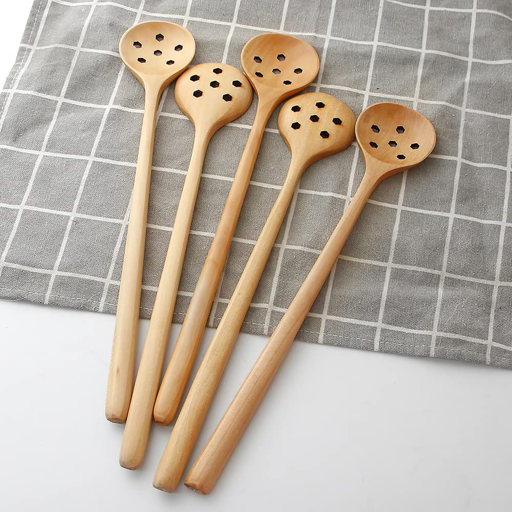 1 Pieces Olive Wooden Spoon,11 Inches Korean Style Long Handle Wooden Round Slotted Spoons for Jam Olive