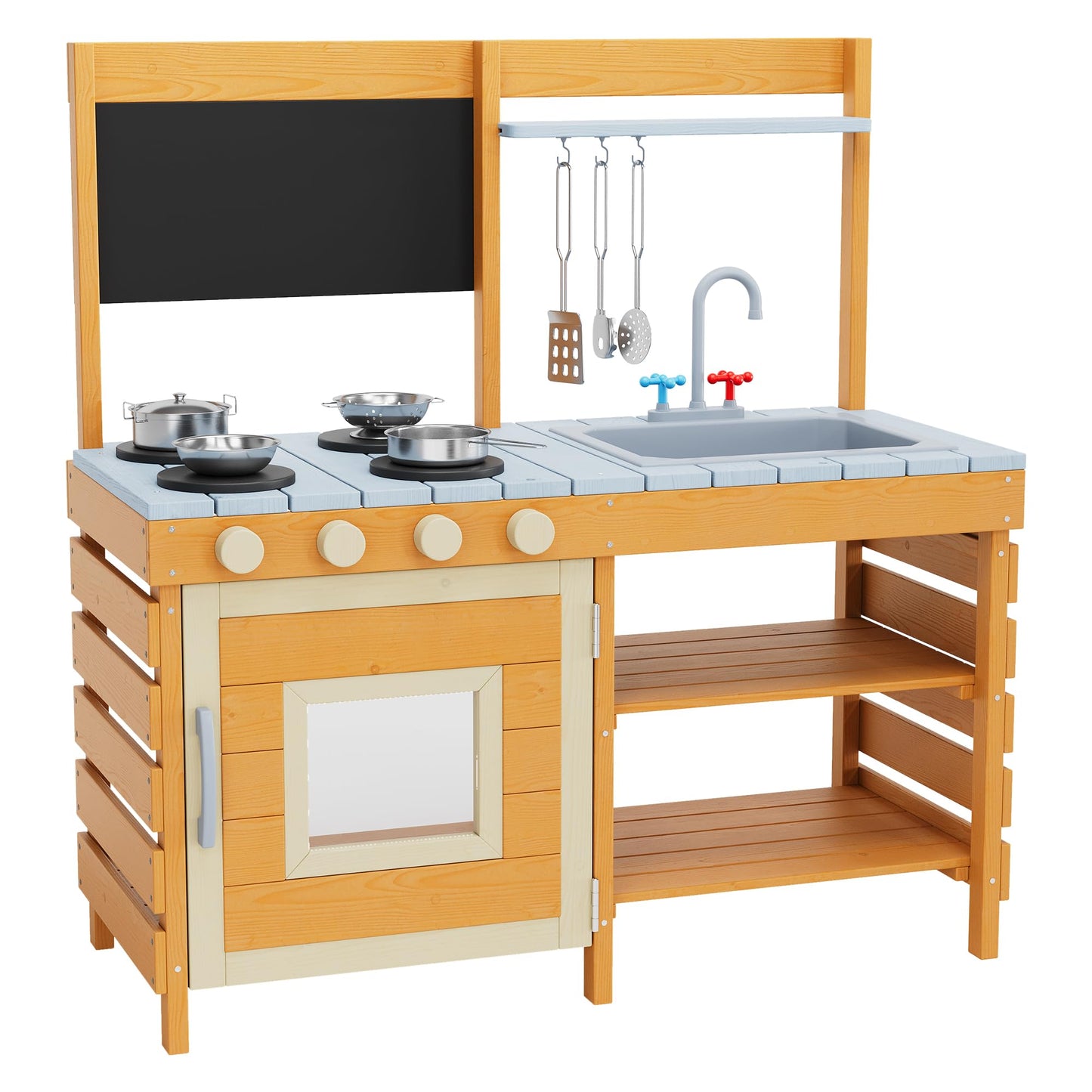 Mud Kitchen for Kids Outdoor Wooden Pretend Play Kitchen Set with See-Through Planter Box, Removable Sink & Faucet, Chalkboard, Storage Shelves＆Pretend Stove Montessori Learning Playset Toy for Toddle