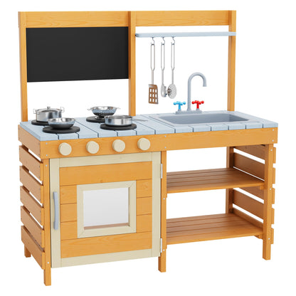 Mud Kitchen for Kids Outdoor Wooden Pretend Play Kitchen Set with See-Through Planter Box, Removable Sink & Faucet, Chalkboard, Storage Shelves＆Pretend Stove Montessori Learning Playset Toy for Toddle