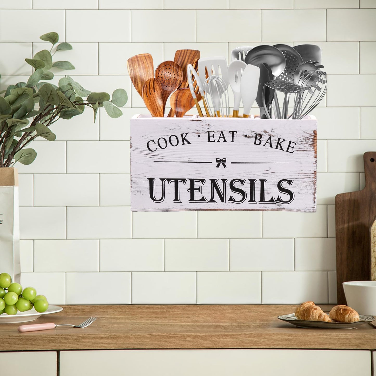 Kuatrck Rodelna Wooden Utensil Holder, Large Utensil Organizer for Kitchen Counter, Wood Utensil Crock for Countertop with 3 Compartments, Rustic Container Farmhouse Kitchen Decor - White