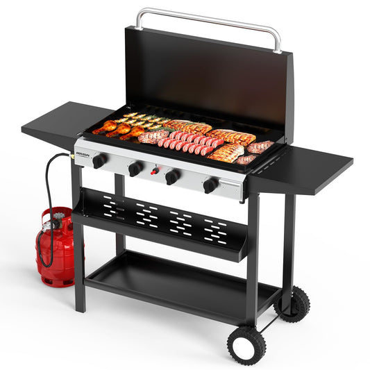 ROVSUN 4 Burner Portable Propane Griddle with Enameled Tray & Lid, 40000 BTU Rolling Flat Top Gas Grill with Electronic Ignition, Side Shelves & Regulator for Outdoor Cooking Camping BBQ Tailgating