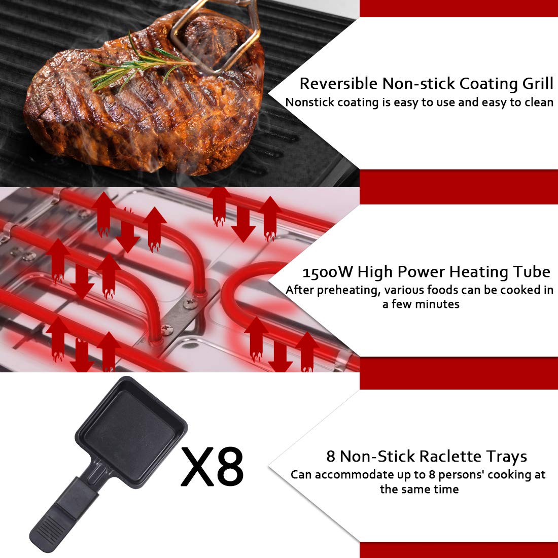 CUSIMAX Raclette Grill Electric Grill Table Portable 2 in 1 Korean BBQ Grill Indoor & Cheese Raclette, Reversible Non-stick plate, Crepe Maker with Adjustable temperature control and 8 Paddles