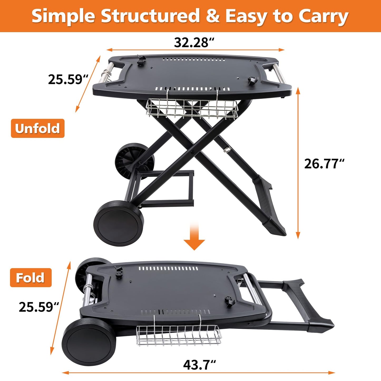 Portable Cart for Weber Q1200, Q1000, Q2200, Q2000, Q2400, Folding Cart for Outdoor BBQ，Portable Stand for Weber Q Series Gas Grills and Ninja Woodfire OG700 Series