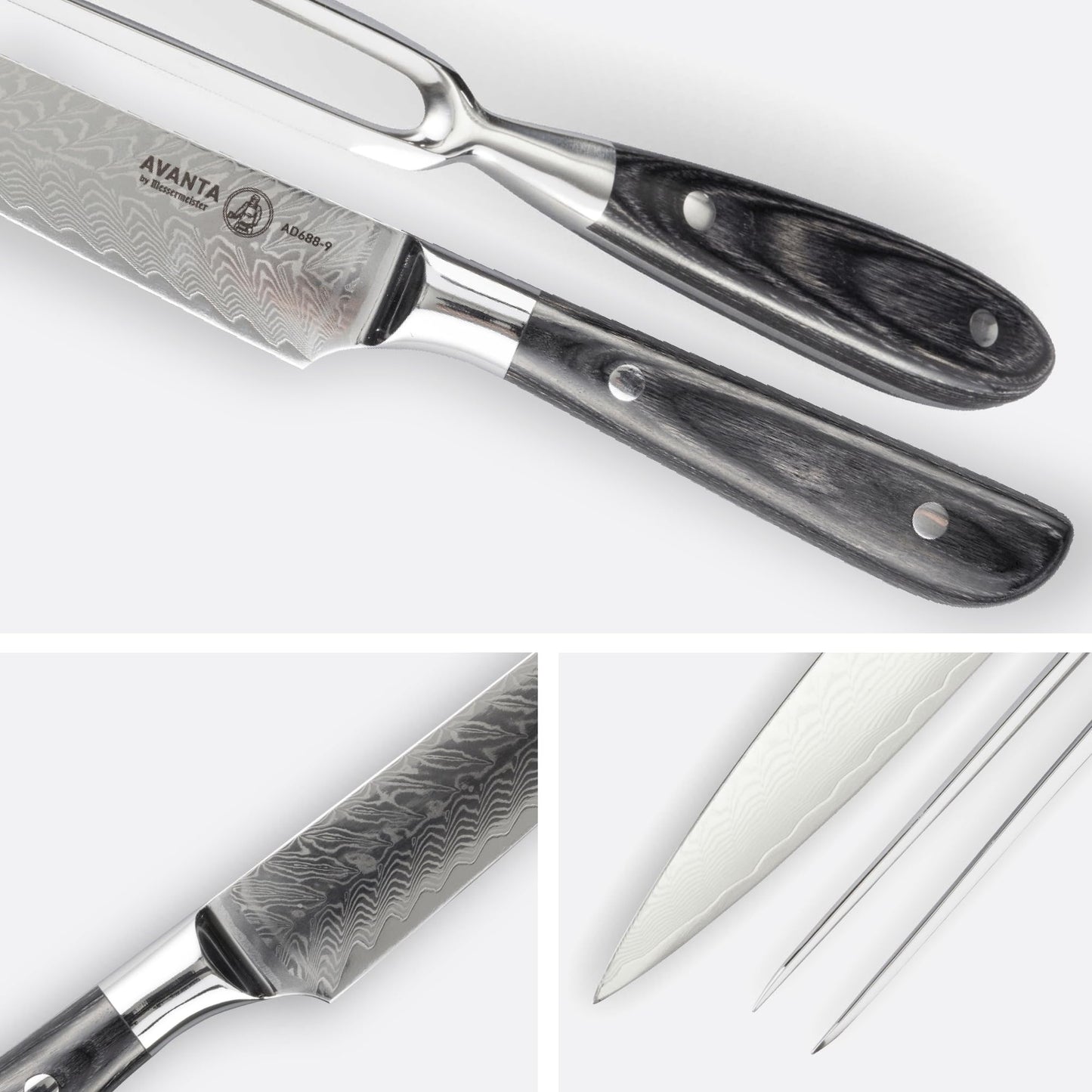 Messermeister Avanta Damascus Kullenschliff Carving Set - Includes 8” Carving & Slicing Knife + 7” Fork - Japanese Damascus Stainless Steel - Pakkawood Handle - Rust Resistant & Easy to Maintain