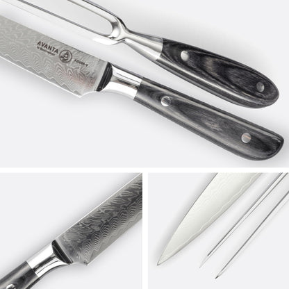 Messermeister Avanta Damascus Kullenschliff Carving Set - Includes 8” Carving & Slicing Knife + 7” Fork - Japanese Damascus Stainless Steel - Pakkawood Handle - Rust Resistant & Easy to Maintain