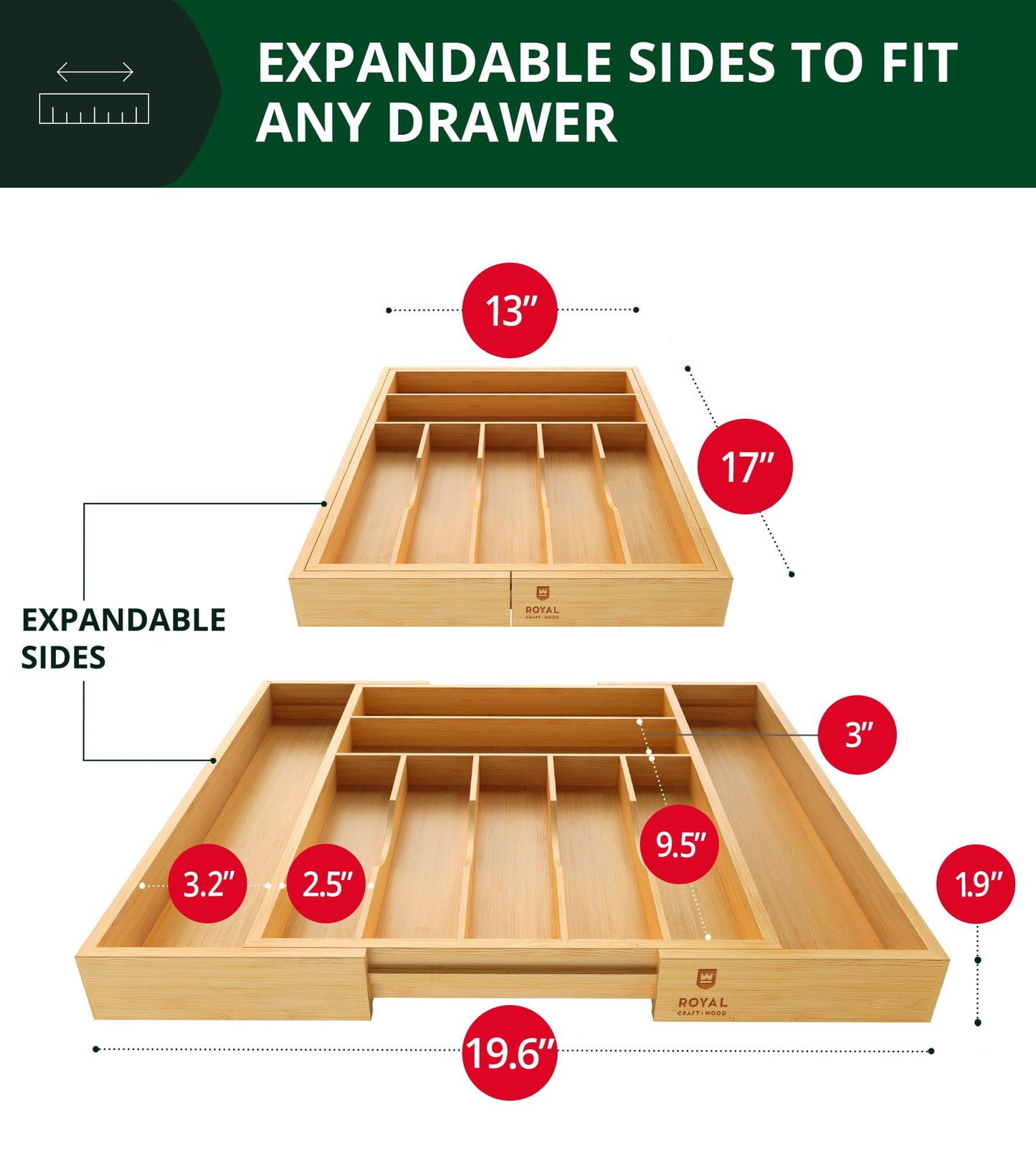 ROYAL CRAFT WOOD Luxury Bamboo Kitchen Drawer Organizer - Silverware Organizer, Utensil Holder & Cutlery Tray Drawer Dividers for Flatware (9 Slot, Natural)