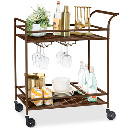 Best Choice Products Outdoor Mobile Patio Bar Cart, Home Bar Serving Cart, BBQ Side Table w/ 2 Tier Storage, Wine Rack, Lockable Wheels - Brown