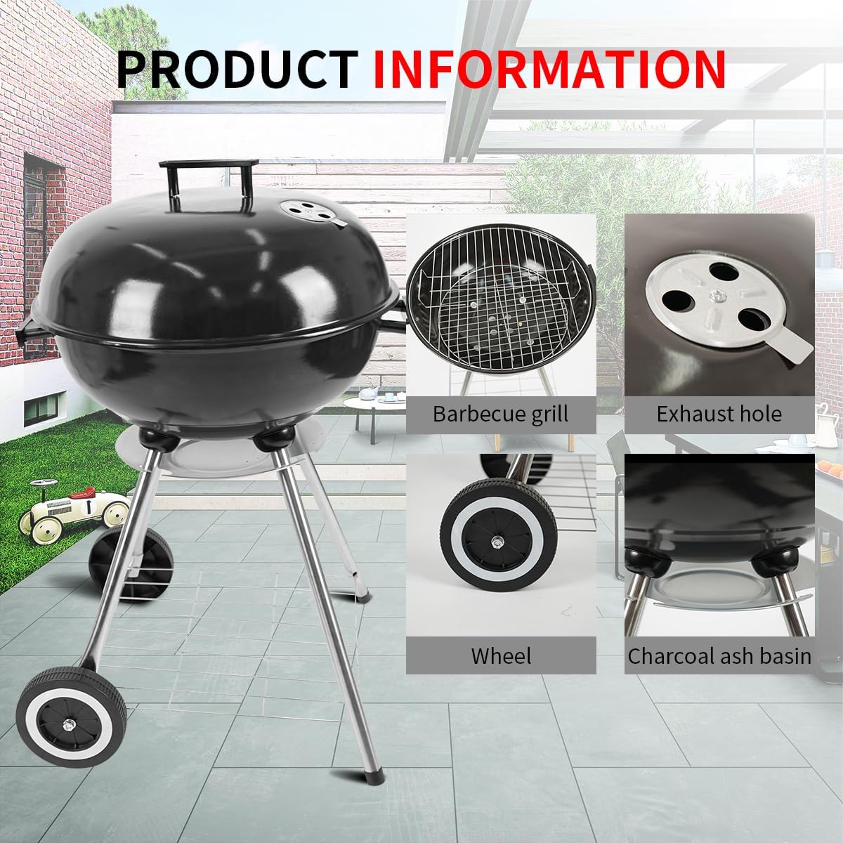 gzcmxh Charcoal Grill - 18inch Outdoor Charcoal BBQ Grill with handle and wheels - Balck Kettle Grill for outdoor, backyard, picnics, party parties
