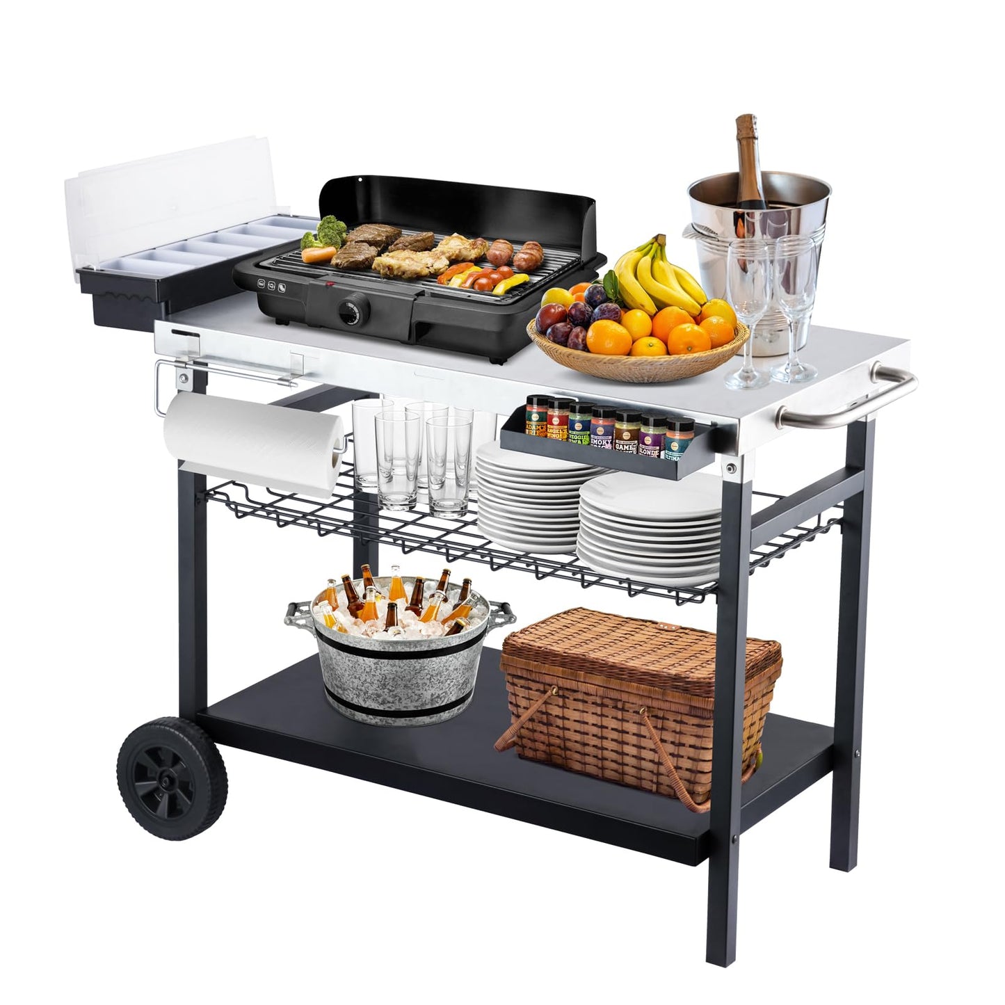 Pittazero Outdoor Grill Cart, 500lb Dining Cart Table with Three-Shelf, Stainless Steel Rolling Movable Food Prep and Work Table