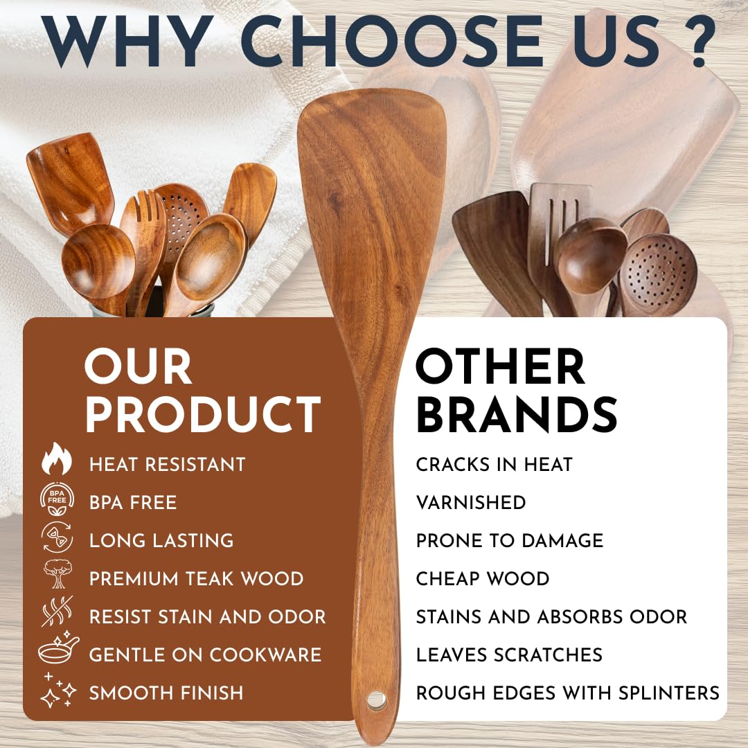 Teak Wooden Utensil Set 6-Piece - Smooth Finish Wooden Spoons for Cooking - Comfortable Grip, Non Scratch Premium Kitchen Wooden Cooking Utensils Set Teak Wood Cooking Utensils