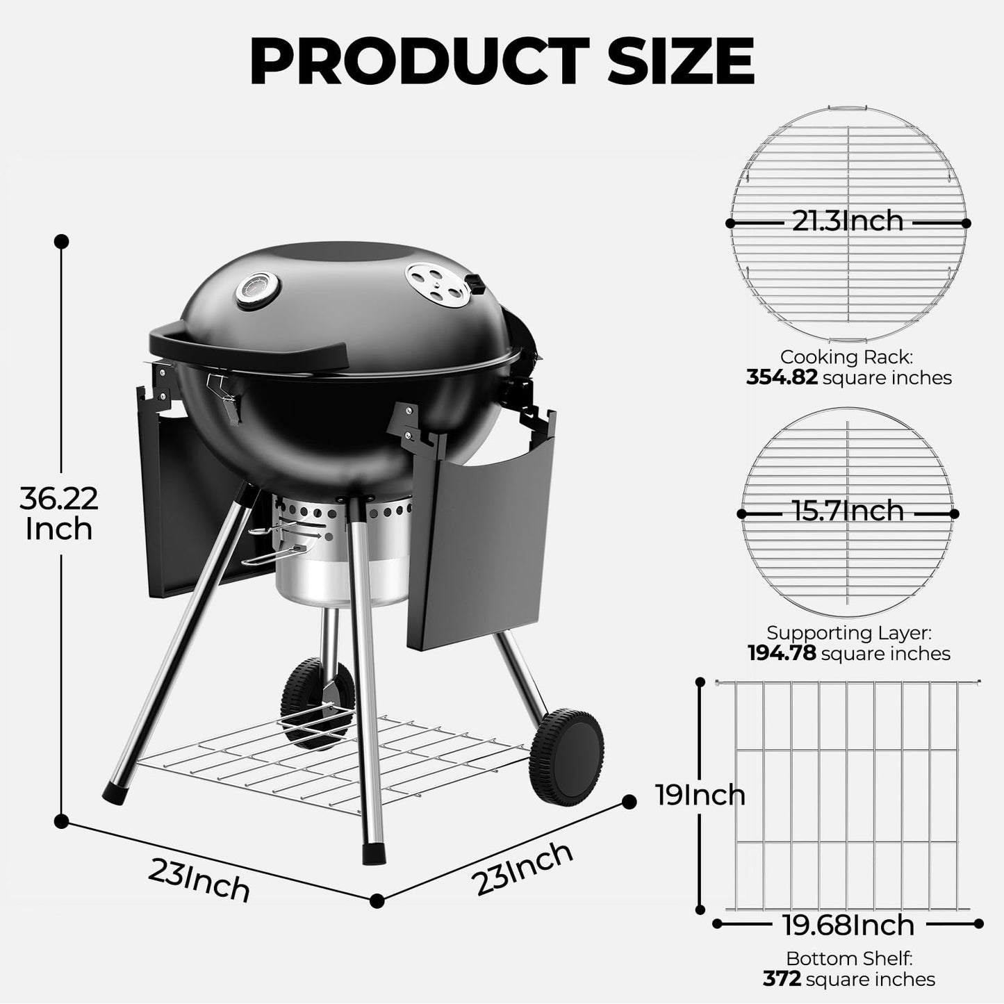 22 inch Charcoal Grills with Table, Portable BBQ Grill for Outdoor Camping, Barbecue Grill with Cover, Ash Catcher, and 2 Charcoal Boxes, 2 Wheeled Kettle Grill for Outdoor Cooking Family Party