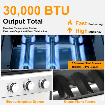 COOKIT 3-Burner Propane Gas Grill with 30,000 BTU Output - Enamel Cooking Grids, Easy-Clean Grease Management & Even Heat Distribution for Perfect BBQs (3-Burner)
