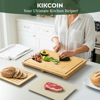 Kikcoin Bamboo Cutting Board Set with Defrosting Tray, Wood Cutting Boards for Kitchen with Deep Juice Grooves & Built-in Organizer Meal Prep Charcuterie& Chopping Board for Meat, Vegetables and Bread