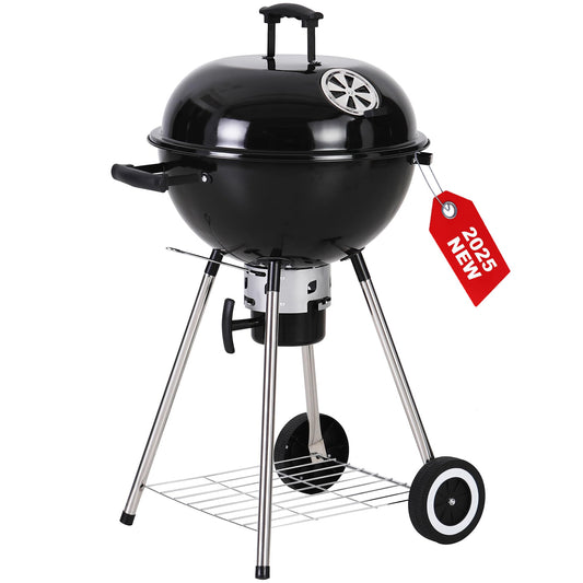 GREEN PARTY 18 inch Kettle Charcoal BBQ Grill with Wheels, Portable Charcoal Grill with Porcelain-Enameled Lid & Ash Catcher for Outdoor Cooking Barbecue Camping Picnics Tailgating