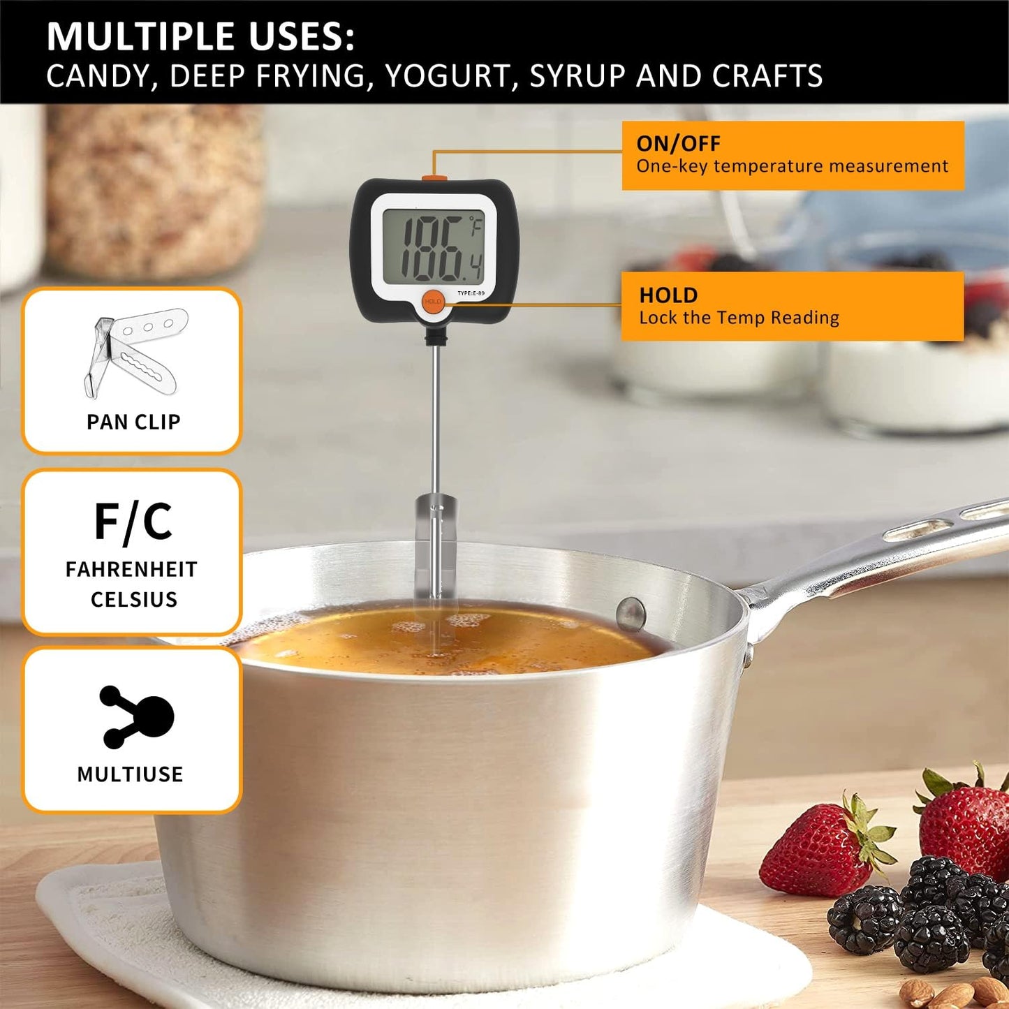 10 Inch Long Digital Candy Thermoometer with Pot Clip,Deep Fry Thermometer,Rotating Display, Best Instant Read Food Meat Thermometer for Candy Making or Deep Frying