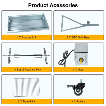 Rotisserie Grill Roaster Charcoal Outdoor BBQ Pig Lamb Spit with 25w Motor and Hand Crank Metal Wheels