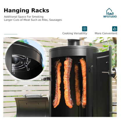 MFSTUDIO Vertical Offset Smoker Charcoal Grill,Extra Large BBQ Barrel Grills and Drum Smoker Combo with hanging racks and 5 removable grates for Smoking,ourdoor barbecue cooking,961 SQ.IN.Area