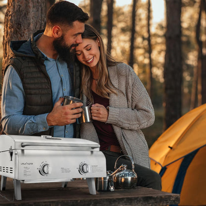 Lifemaster Portable Stainless Steel Gas Grill - 2 Burners Easy Clean Tabletop BBQ Propane Gas Grill with Foldable Legs and Wind Proof Lid for Camping and Outdoor - Silver