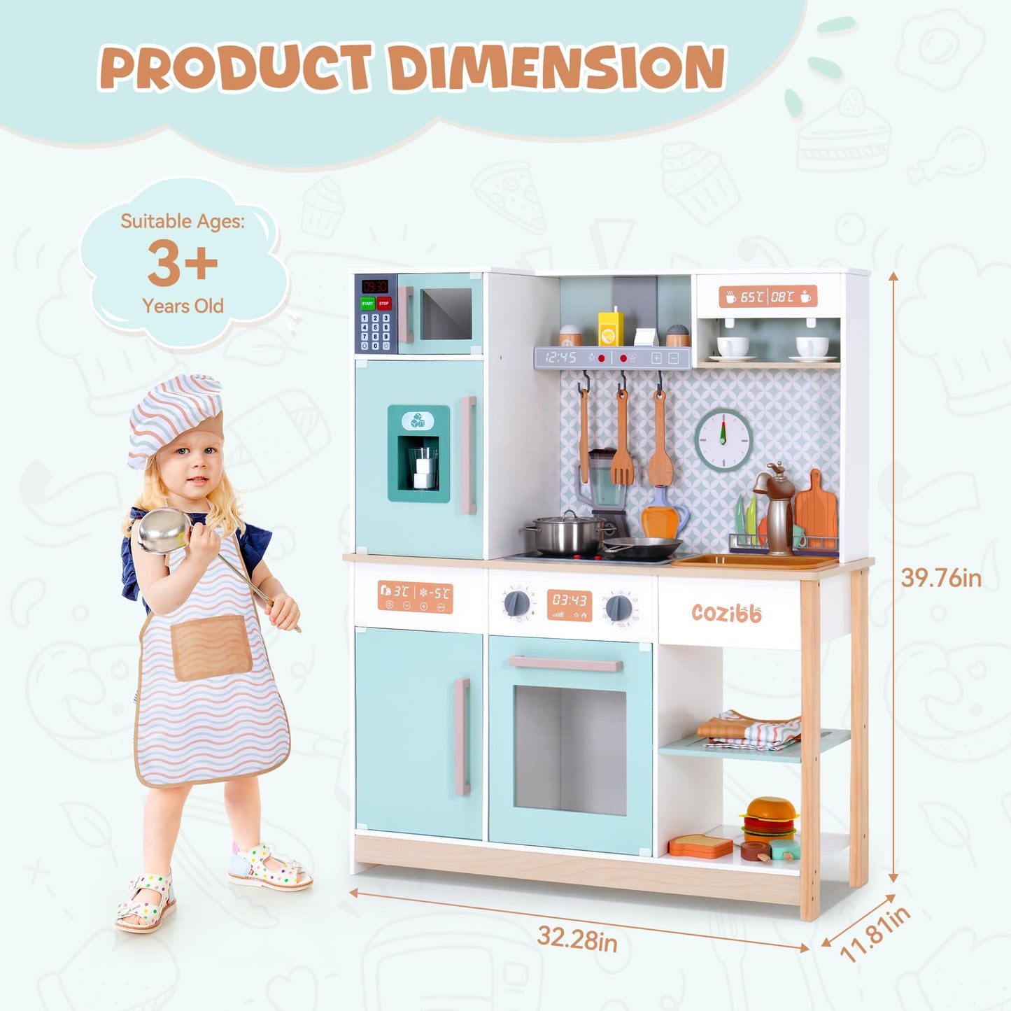 Wooden Play Kitchen for Kids Toddlers, Kitchen Playset with Stove, Oven, Sink, Fridge and Accessories Toy Kitchen Set with Plenty of Play Features, Kids Play Kitchen Designed, Gift for Ages 3+