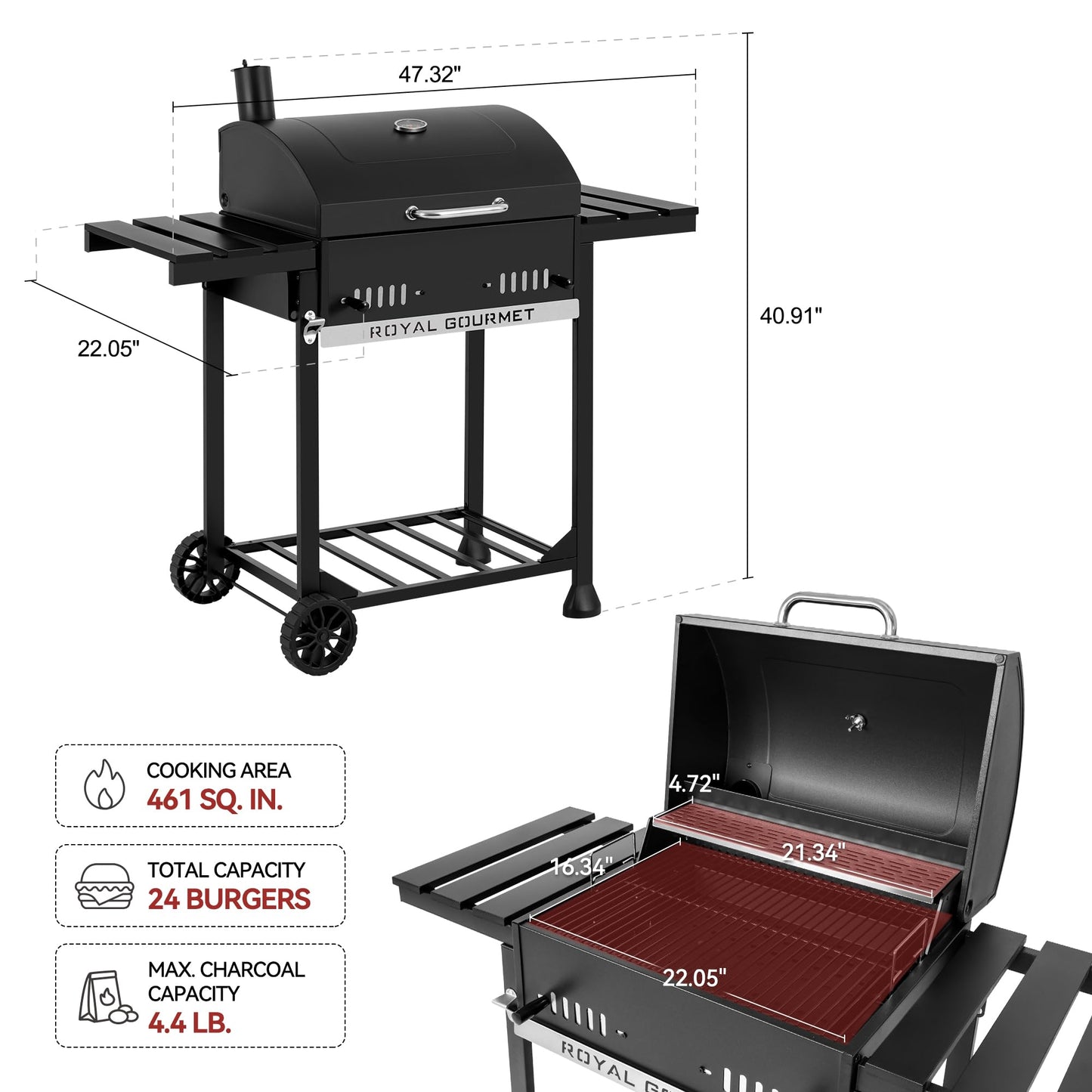 Royal Gourmet CD1824ET Movable Charcoal BBQ Grill with Foldable Side Tables, Outdoor Barbecue Grill with 470 Sq. In. Cooking Area for Outdoor Picnic and Camping Grilling, Black