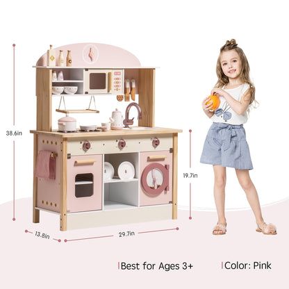 ROBOTIME Wooden Play Kitchen Set, Pretend Play Kitchen Set for Kids with Realistic Design, Kids & Toddlers Kitchen Playset with Dishwasher, Toy Kitchen Set for Boys and Girls Ages 3+ (Pink)