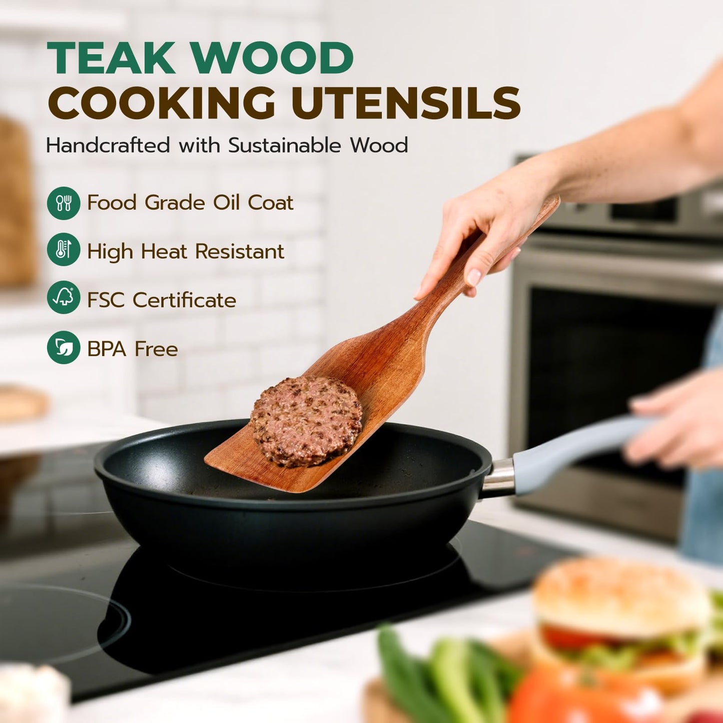 KAQISE Wooden Spatula for Cooking, Heat-Resistant Teak Wood Spatula/Turner, Kitchen Utensil with Smooth Finish,Non-Scratch Non-Stick Pans, Long Handle Handcrafted Scraper Spurtle for Flipping,Serving