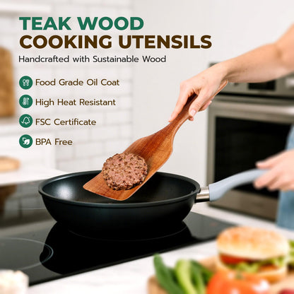 KAQISE Wooden Spatula for Cooking, Heat-Resistant Teak Wood Spatula/Turner, Kitchen Utensil with Smooth Finish,Non-Scratch Non-Stick Pans, Long Handle Handcrafted Scraper Spurtle for Flipping,Serving