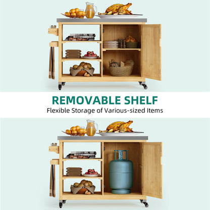 YITAHOME XL Solid Wood Outdoor Grill Cart Storage Cabinet with Stainless Steel Table Top and Spice Rack, 53.74’’ L x 20.27’’ W Patio Bar Cart, Outdoor Kitchen with Lockable Wheels, Single Door Natural