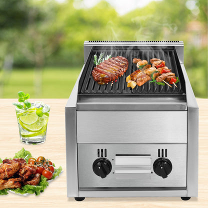 CAIHAOA Commercial Radiant Gas Grills, 14.96" x 5.91" Countertop Gas Grill, 60TU/hr Combustion Power, Dual I-type Burners Yakitori Grill Barbecue Griddle for Various Types of Barbecue