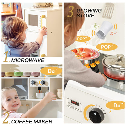 Deli Kids Kitchen Playset, Realistic Wooden Kitchen Playset for Toddlers & Kids with Lights, Sounds & Storage, Ideal Gift for Boys & Girls