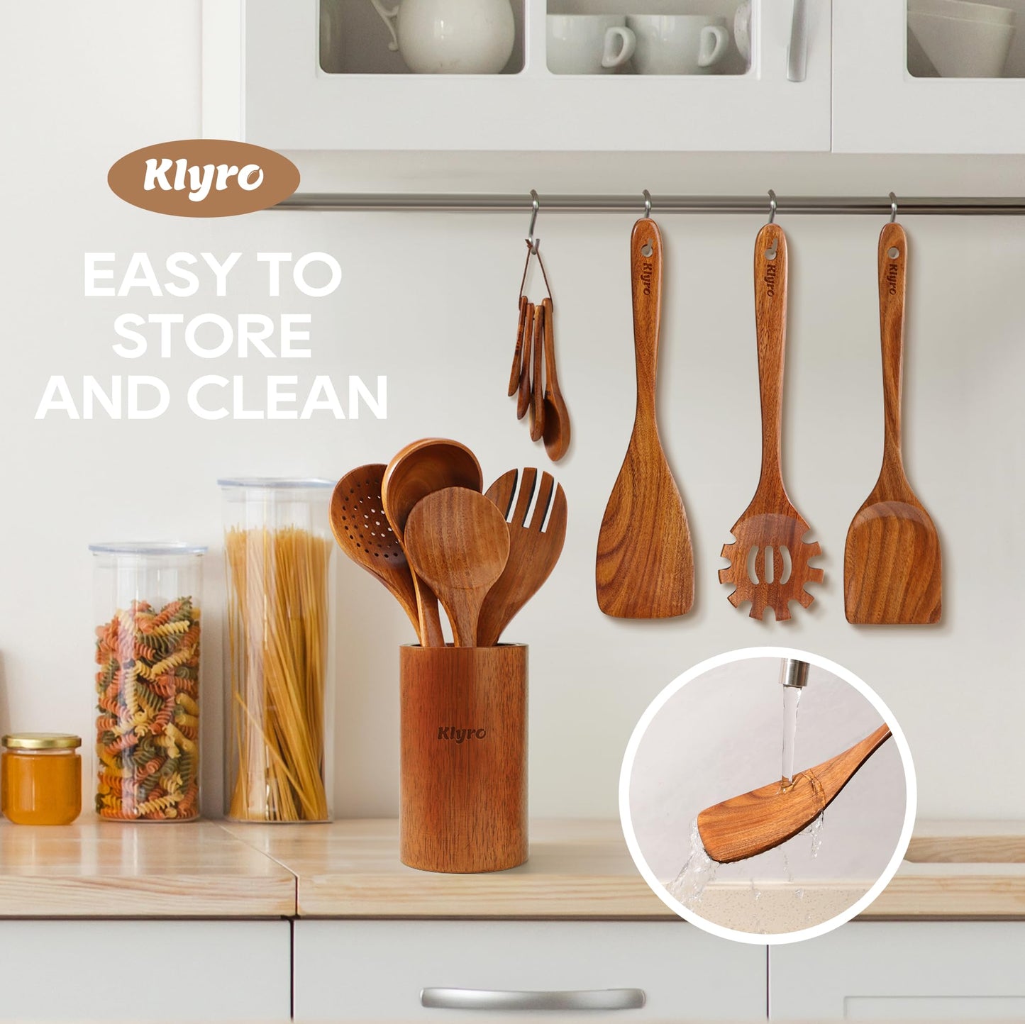 KLYRO Wooden Spoons for Cooking, Nonstick Kitchen Utensils Set with 4 Piece Measuring Spoons, Comfort Grip Wooden Spatula Set, 9 Piece Teak Wooden Cooking Utensils with Holder and Spoon Rest