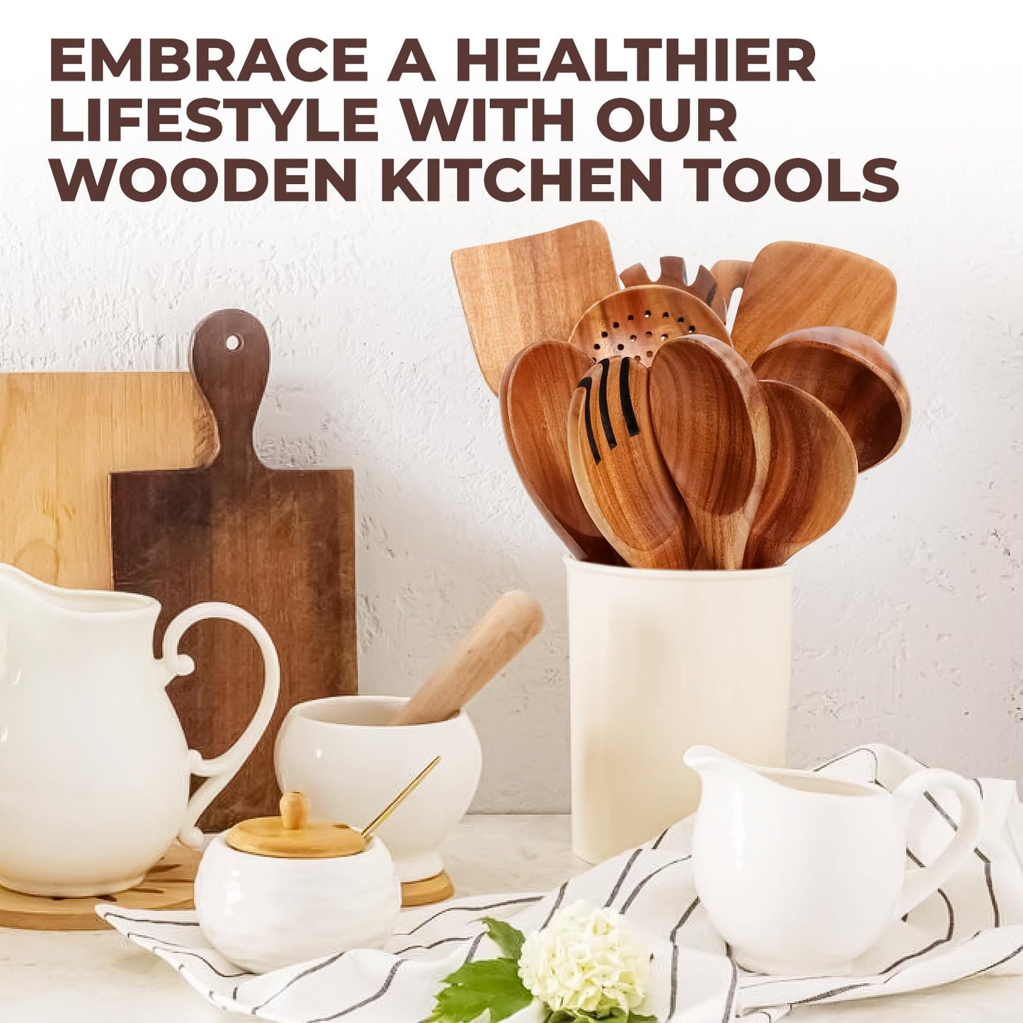 Wooden Kitchen Utensils Set, 10 Pcs Teak Wood Spoons for Cooking, Wooden Cooking Utensils for Non-stick Pan & Cookware