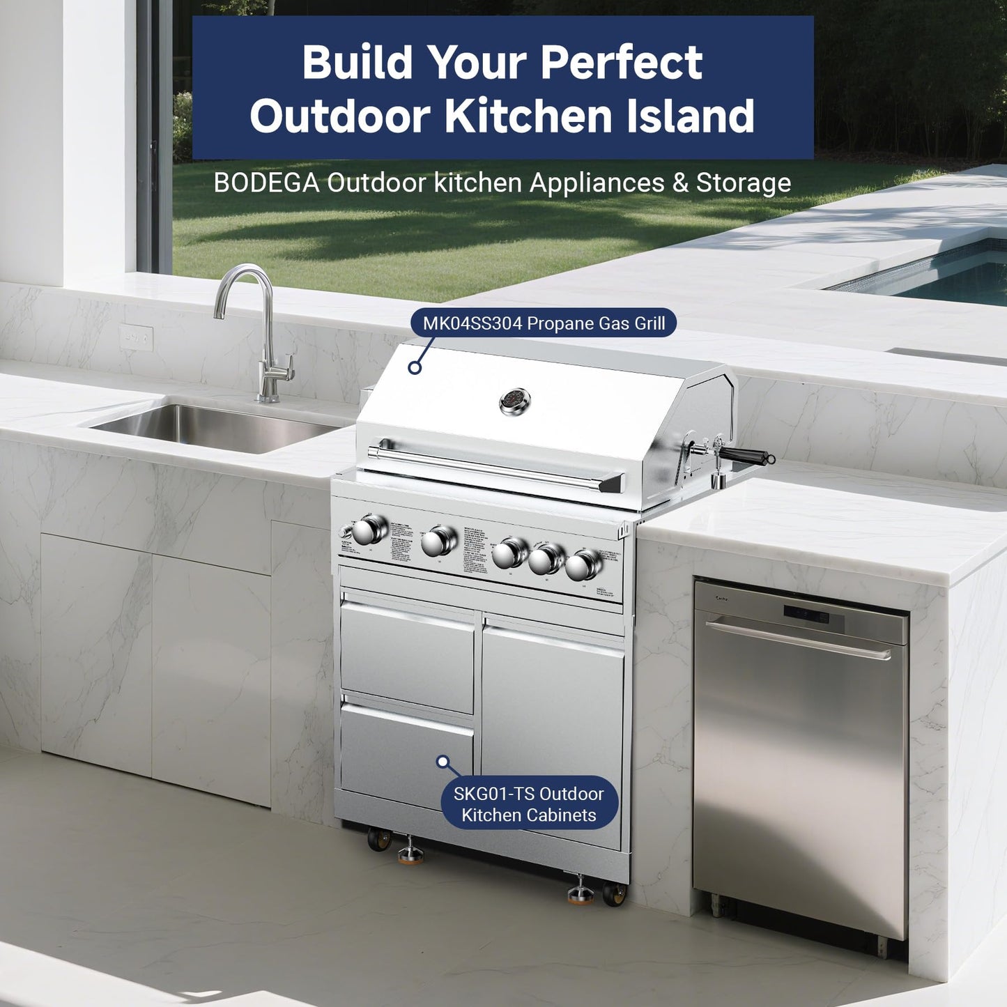 BODEGA Stainless Steel Outdoor Kitchen Cabinets, Modular 30'' Propane Gas Grill Storage with Weatherproof 2 Drawers & Gas Tank Compartment, Kitchen BBQ Drawer Cabinet For Outdoor Kitchen BBQ Island.