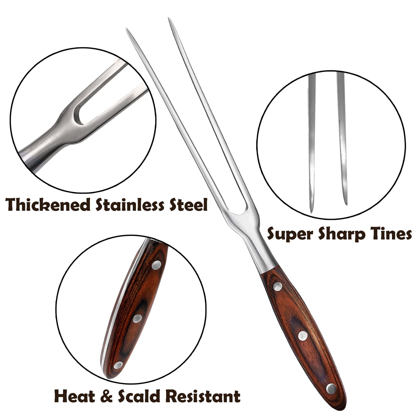 BOHK Heavy Duty Stainless Steel Carving Fork 11.6 Inch BBQ Meat Fork & Serving Fork for Cooking Roasting Meat Shredding (Wood Handle)