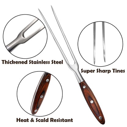 BOHK Heavy Duty Stainless Steel Carving Fork 11.6 Inch BBQ Meat Fork & Serving Fork for Cooking Roasting Meat Shredding (Wood Handle)