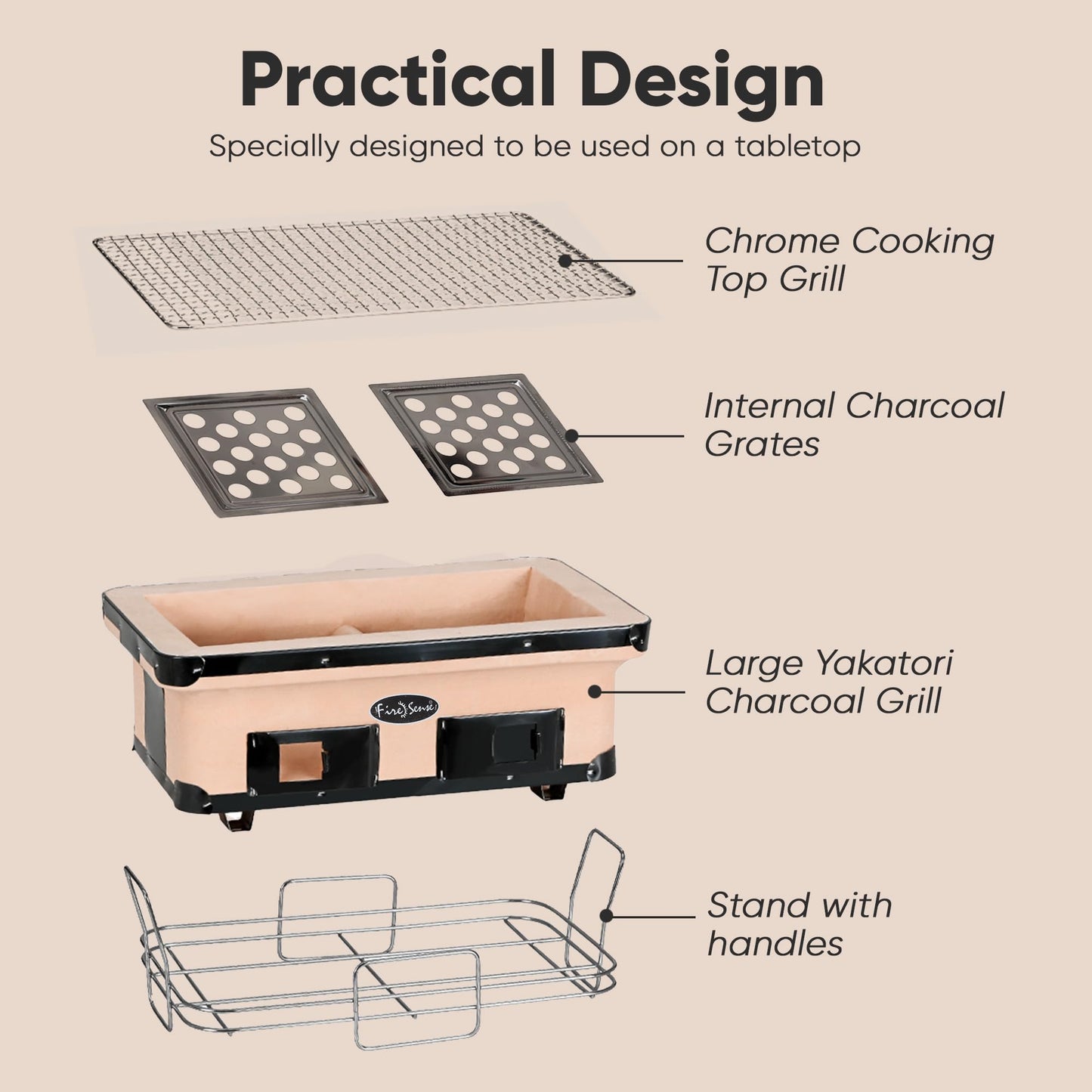 Fire Sense 60450 Yakatori Internal Grates Charcoal Chrome Cooking Grill Japanese Table BBQ Handmade Using Clay Adjustable Ventilation For Outdoor Barbecues Camping Traveling - Large - Tan