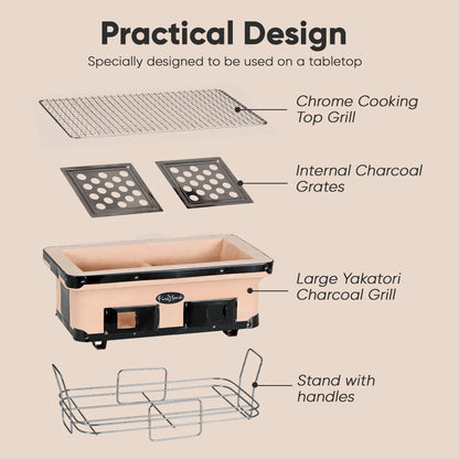 Fire Sense 60450 Yakatori Internal Grates Charcoal Chrome Cooking Grill Japanese Table BBQ Handmade Using Clay Adjustable Ventilation For Outdoor Barbecues Camping Traveling - Large - Tan