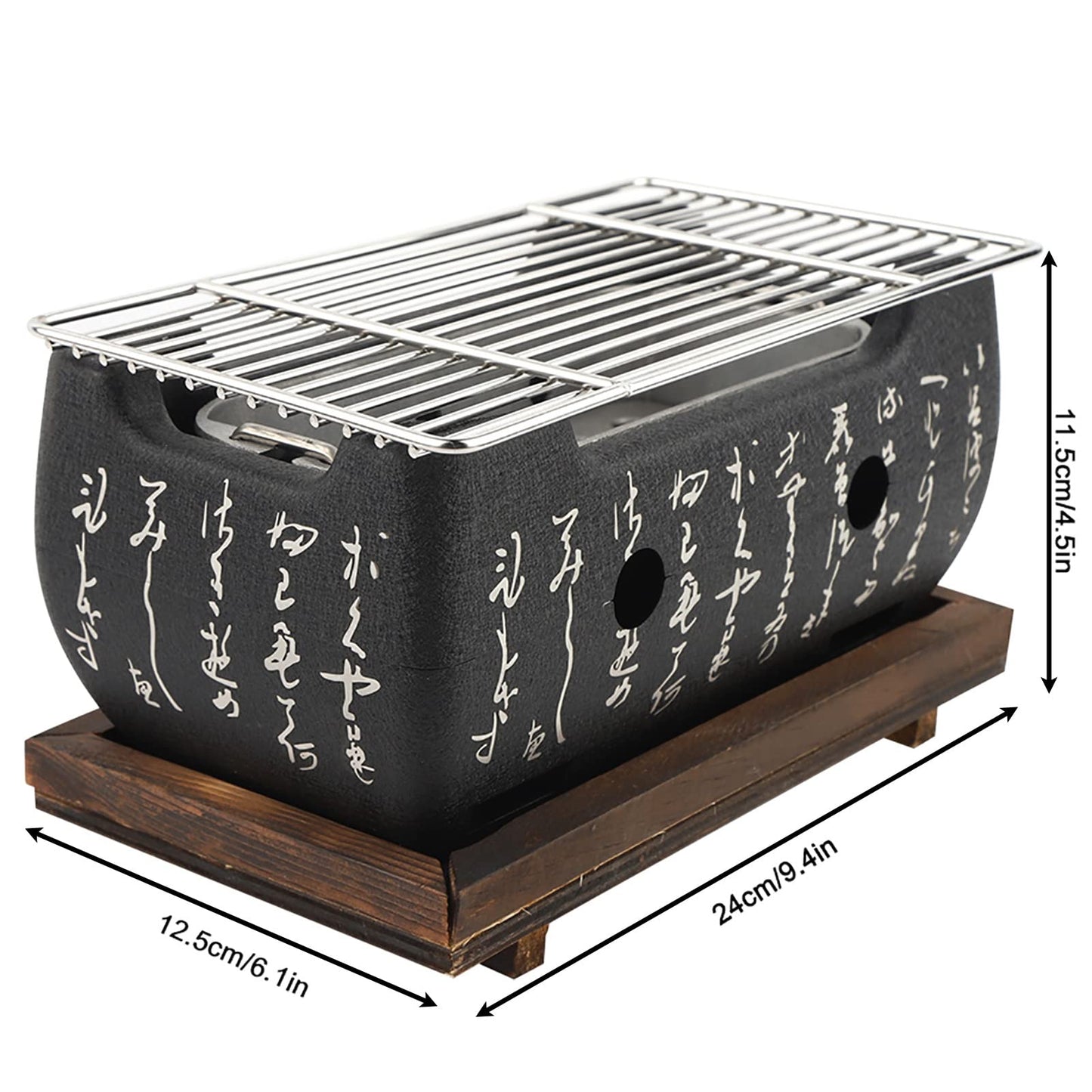 Hibachi Grill, Japanese BBQ Grill Portable Japanese Charcoal Grill Barbecue Stove Barbecue Stove with Wooden Base for Home Party (Size 24X12.5cm)