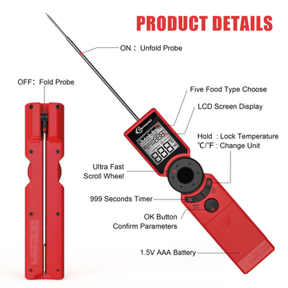 Thermochef Meat Thermometer Digital Instant Read for Grilling, High Accuracy ±1% ℉, Backlit Screen with Auto Wake/Sleep, Customized Mode Food Thermometer for Cooking, BBQ Beef Home Essentials Red
