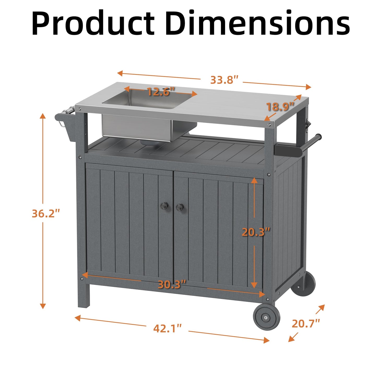 TORVA All in One Outdoor Grill Cart with Sink,Cabinet and Cover, 42 inch Freestanding Modular Kitchen Sink Station in 304 Stainless Steel&HDPE, All Weather Use BBQ Table, Grey