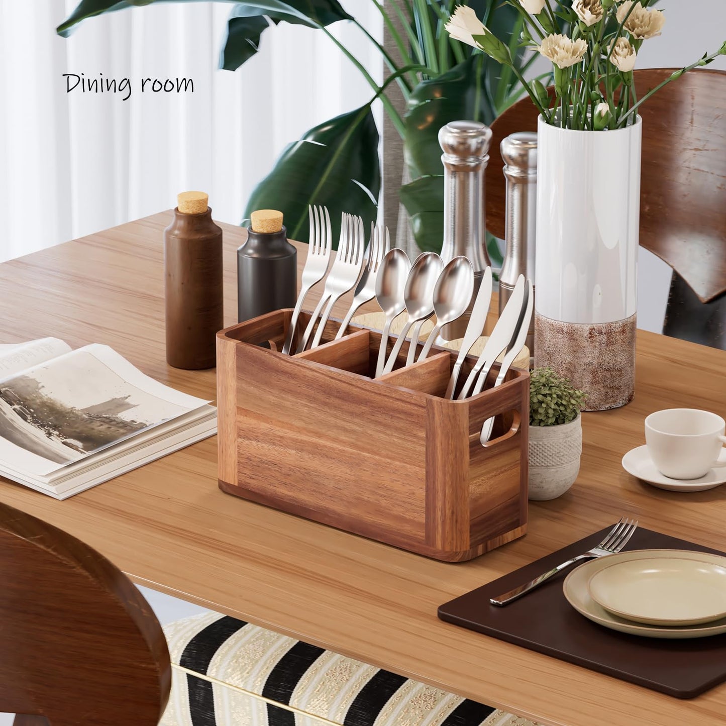 Yaoyiizy Silverware Holder, Acacia Wood Utensil Holder for Party, Silverware Organizer Countertop, Picnic Caddy for Party, Countertop, Camping