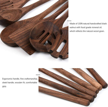 Fiunkes 6 PCS Wooden Kitchen Utensils Set, Black Walnut Wood Long Handle Spoons and Spatula Set for Cooking, Heat Resistant Non-Stick Cookware
